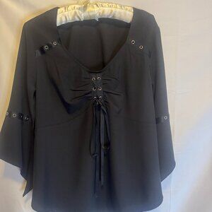 Black lace up flutter sleeve blouse